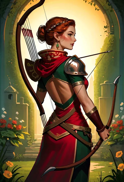 best quality, High target_solve, clearly_image, Detailed background ,1 archer woman back view, garden, night,Hook of Holland, Wide-angle lens, crown,