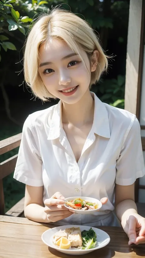 25 years old, Japanese woman, beautiful, smiling, eating lunch, white shirt, ((medium hair)), short hair, cute, young