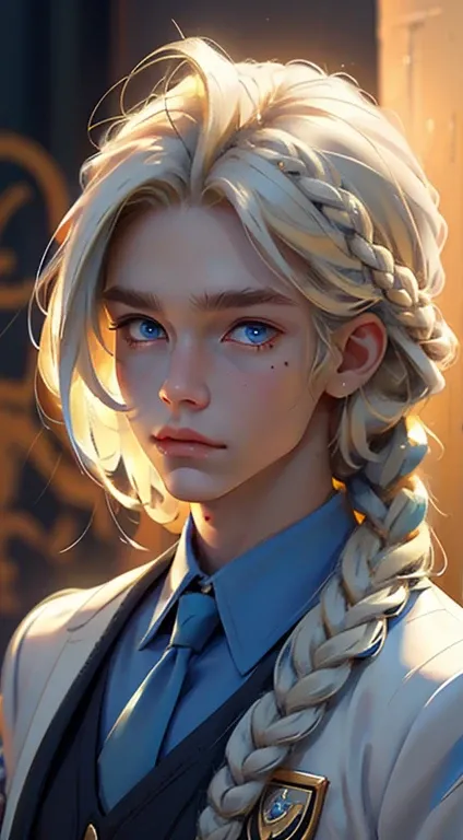 18 year old male, Yolk blonde hair with a braid, petroleum blue eyes, mole on the corner of the nose, wears magic academy uniform, High definition image, better quality of work, pixel richness