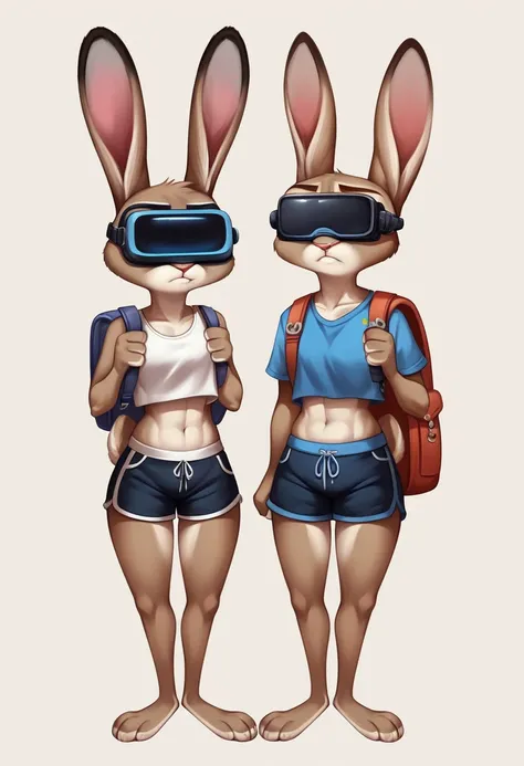 concept art duo, one facing forward, one facing left, cute, Hopps, Babs, Cream, bunny, girl, blue eyes, ears drooping, lop-eared, VR headset as a backpack, standing, gym shorts, crop top, angry, morning, disheveled
masterpiece, detailed, NSFW, e621, detail...