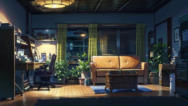 A stylish room with a bookshelf, sofa and desk、guitar, Foliage plant、night、moonlight、shinkai makoto