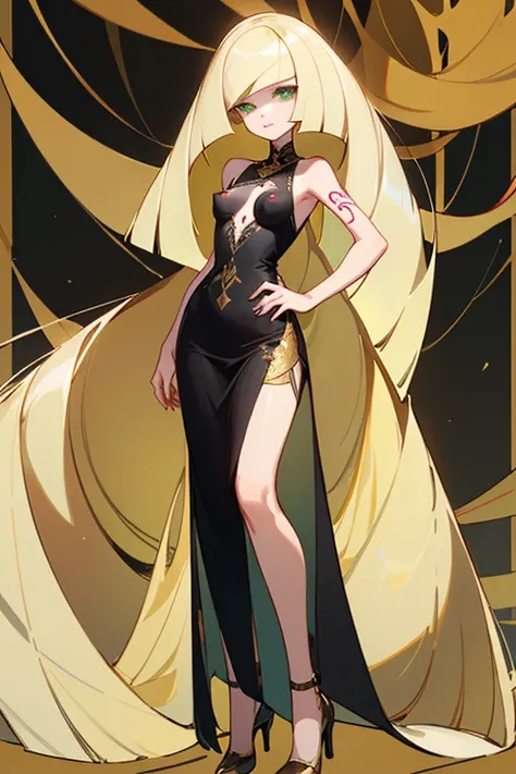 ((Highest quality)), ((masterpiece)), (Familiar), Lusamine,thin,Uterus tattoo,Long blonde hair,Small breasts,Erect nipples,Adult female,Green Eyes,Slanted Eyes,Sleeveless dress,Black Dress,Gold embroidery,Long skirt,High heels,Fascinating
