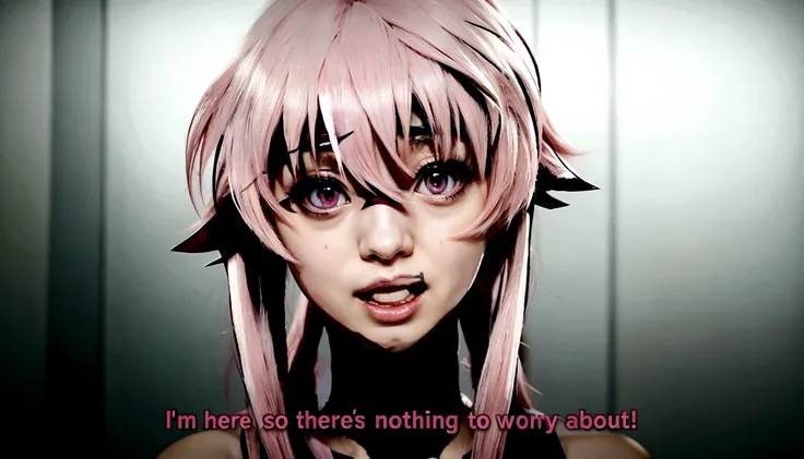 anime girl with pink hair and pink eyes with a quote on it, mirai nikki, in an anime, she has a cute expressive face, still from tv anime, as an anime character,  gasai yuno, gasai yuno, in the anime film, ssss.gridman, todays featured anime still, she has...