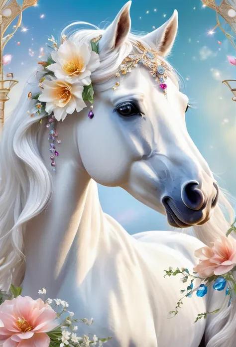 Beautiful fairy((flowy dress,flowers on head)) cuddling a gorgeous white horse((adorned with flowers and gem)), magic background, delicate details, high quality, refined details.