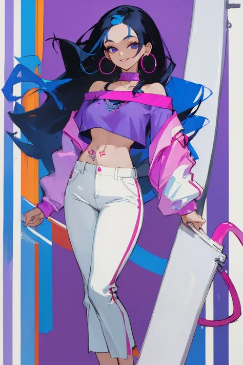 ((Highest quality)), ((masterpiece)), (be familiar with),woman, Black Hair, Blue Hair, Two-tone hair, Uterus tattoo, Purple Shirt,Crop top, Off the shoulder, White pants, Hoop Earrings, smile,Erect nipples