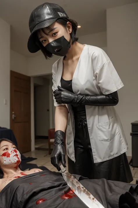 korean girl, (behind corpse, blood splatter), surgical mask, holding knife, stabbing, black raincoat, leather gloves, trucker hat, room full of blood, short hair, holding knife, leather gloves, behind corpse, night, mass murderer, robbery, in the hotel,
