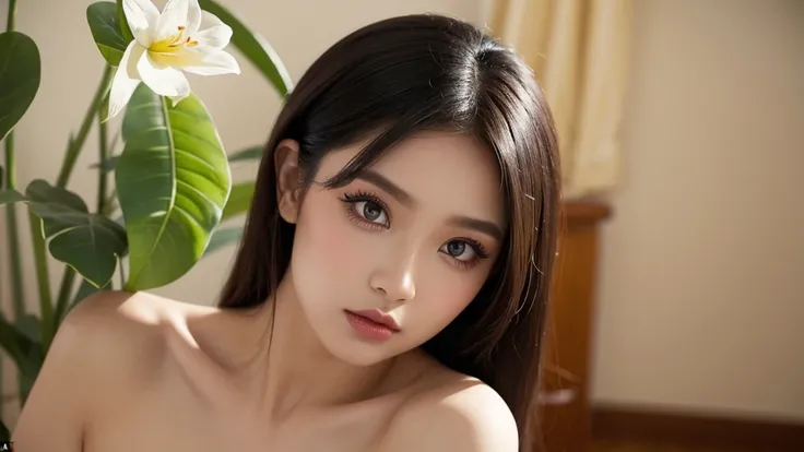 A girl with chameleon-style makeup posing gracefully、It blends in perfectly with the rich texture of Borneo&#39;s lush jungle.。, Demonstrate her uncanny ability to adapt to her surroundings. image, Resembles a museum-quality masterpiece, Vibrant colors and...