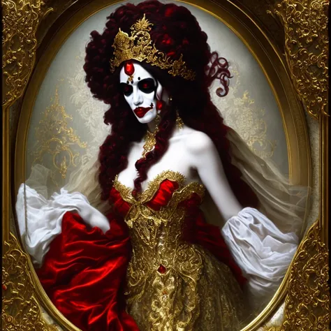 A ghost crying red tears, gothic rococo fashion, white and gold, rococo underworld, terror horror art style