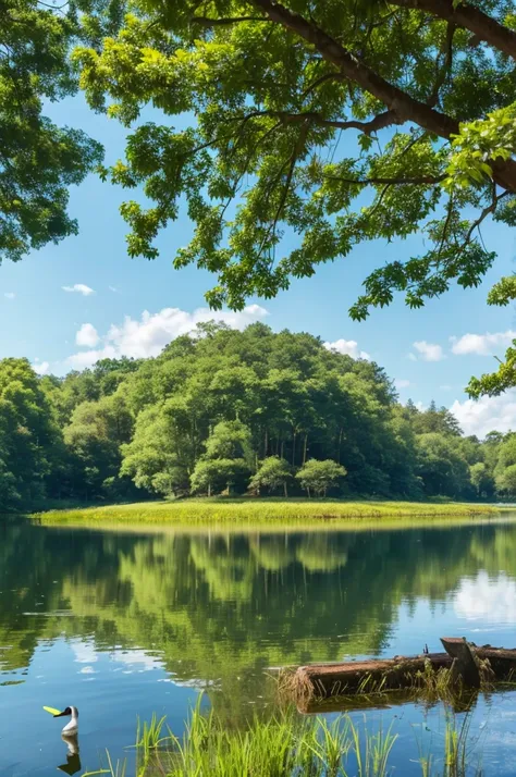 A tranquil forest lake surrounded by lush greenery and tall trees. The water is calm and reflects the bright blue sky and fluffy white clouds above. A few ducks swim peacefully, and the edges of the lake are dotted with colorful flowers and reeds.