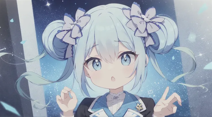 blue hair, twin tails, hair between the eyes, 紫のhair bow, eyebrows visible through hair,