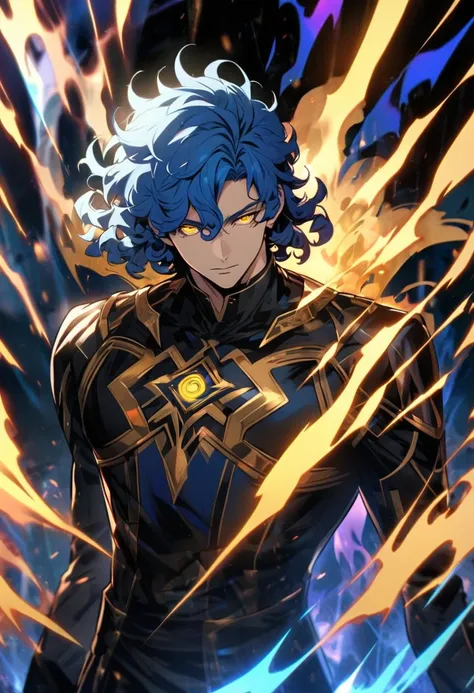 male, handsome, solo, short hair, curly hair, blue hair, god, god eyes, yellow eyes, holo, aura, god outfit