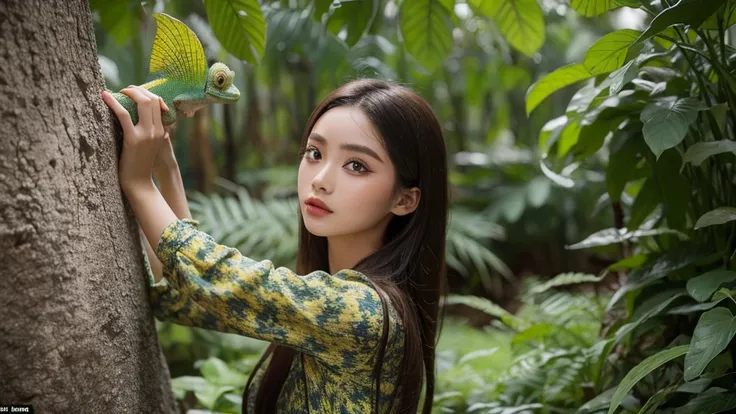 A girl with chameleon-style makeup posing gracefully、It blends in perfectly with the rich texture of Borneo&#39;s lush jungle.。, Demonstrate her uncanny ability to adapt to her surroundings. image, Resembles a museum-quality masterpiece, Vibrant colors and...