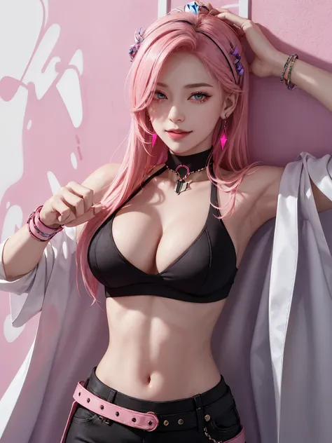 (Masterpiece, best quality, 1 girl, alone, complicated details, Chromatic aberration), realistic, ((Moderate breath)),long hair, pink hair, Red headpiece, Pink Highlights, hair on one eye,purple eyes, earring, sharp eyes, choker, Neon coat, She wears a col...