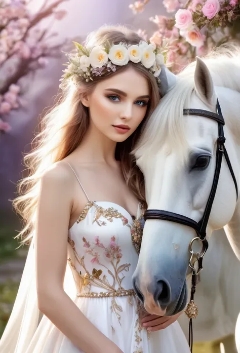 Beautiful fairy((flowy dress,flowers on head)) cuddling a gorgeous white horse((adorned with flowers and gem)), magic background, delicate details, high quality, refined details.