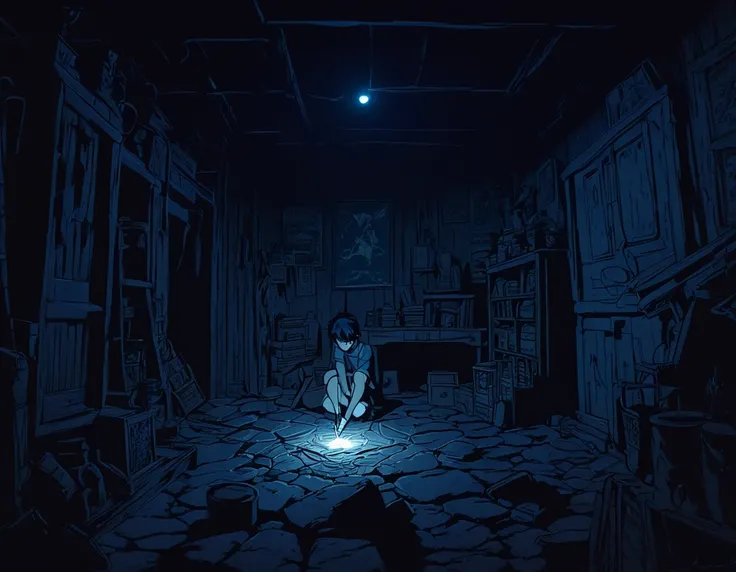 "In the dim light of the store, Ayush finds a neglected corner with a faintly glowing pencil amidst ancient artifacts and forgotten trinkets." ( horror anime style)