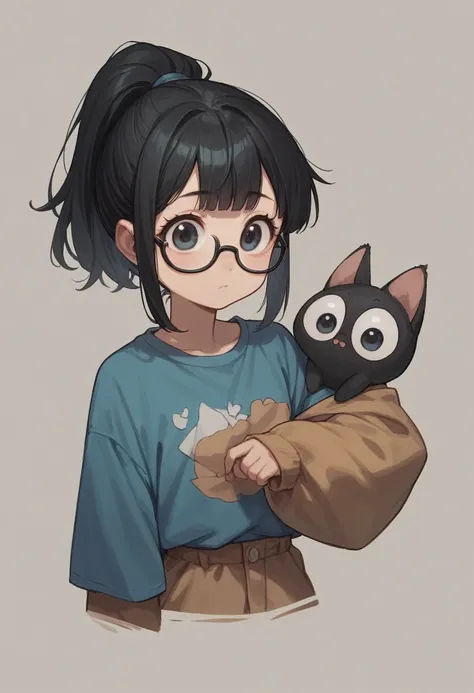 13 years old，little girl，big eyes，so cute，Cartoon，Black hair，Ponytail，wearing black glasses，Brightly colored clothes，The clothes are brightly colored，