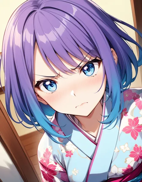 dynamic angle, (close up face), from above, a ultra detailed beautiful moe anime, (angry, embarrassed), In an old-fashioned Japanese house, there is a tsundere gal. Her hair is pink, and her eyes are a vivid blue. She is dressed in a kimono, but the kimono...