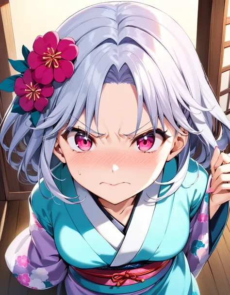 dynamic angle, (close up face), from above, a ultra detailed beautiful moe anime, (angry, embarrassed), In an old-fashioned Japanese house, there is a tsundere gal. Her hair is pink, and her eyes are a vivid blue. She is dressed in a kimono, but the kimono...