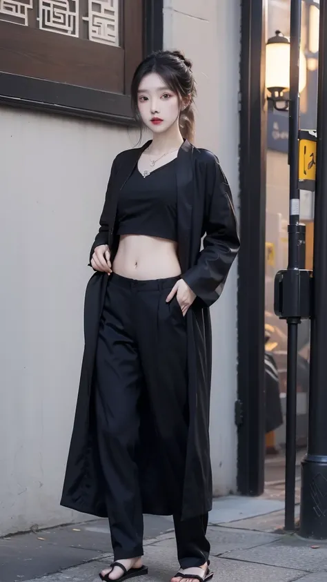 Beautiful Chinese girl wearing a black robe jacket wearing a black shirt and black trousers wearing sandals and a black chopper necklace, showing off her slim stomach, black hair, photo in the city (masterpiece) 8k