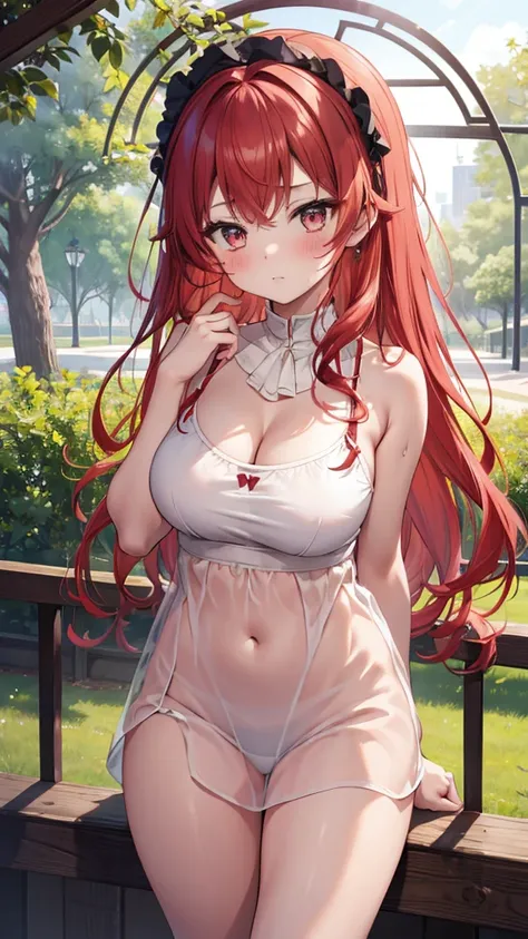 (masterpiece), (Highest quality), (Very detailed), 1 Girl, Sexy pose, blush,Large Breasts、 Wearing a camisole, Happy, Looking at the audience, voluminous long hair、, Red hair, wood々at the park, shy,
