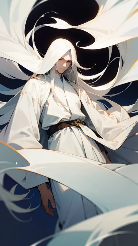 top-quality, masterpiece, male, white long hair and white mask. Long white robes. 