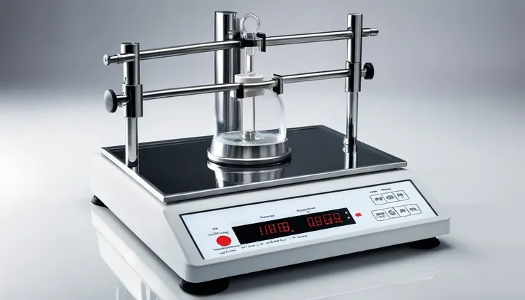 a balance scale, isolated, laboratory tool, detailed scientific equipment, precise measurement, steel frame, glass container, shiny metal parts, reflective surface, clean white background, scientific still life, complex mechanical design, accurate weighing...