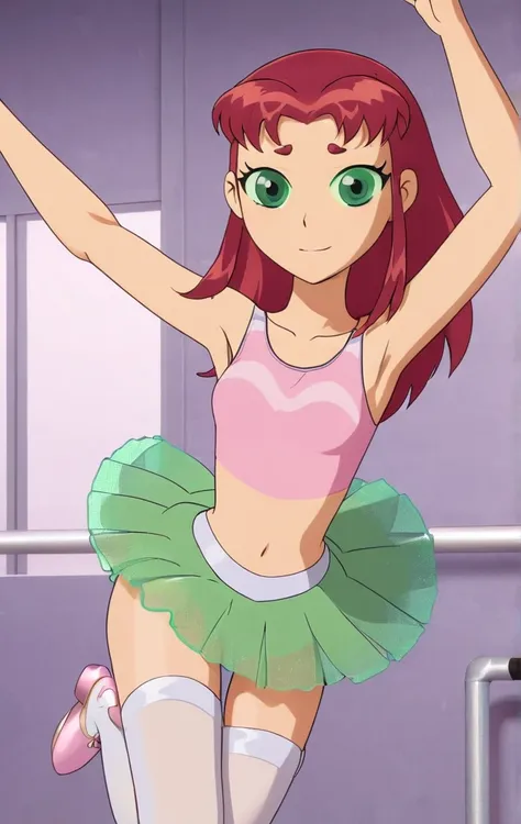 ohxw, star12, red hair, green eyes, pink tutu, pink tank top, bare legs, ballet slippers, full body, blushing, dance studio, 4k, highly detailed, lighting, inside, cartoon, 2d, sharp, skirt lift, white panties, hands holding up skirt