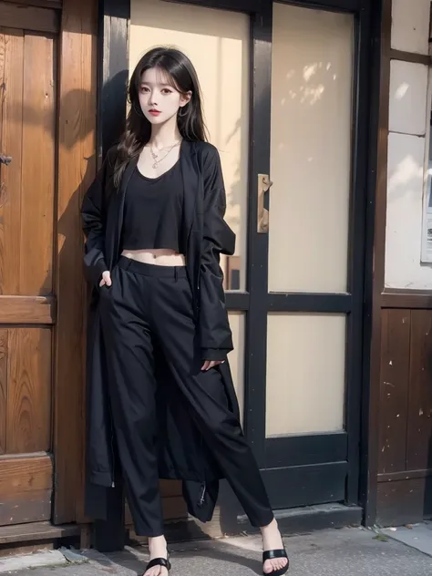 Beautiful Chinese girl wearing a black robe jacket wearing a black shirt and black trousers wearing sandals and a black chopper necklace, showing off her slim stomach, black hair, photo in the city (masterpiece) 8k