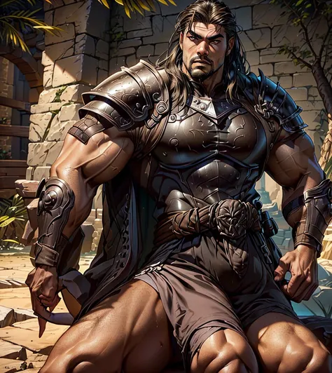 (((Solo character image.))) (((Generate a single character image.))) Dark fantasy art, (((Dark, night time background.))) (((Strong elements of dark medieval fantasy.))) Looks like a fierce, rugged male medieval fantasy gladiator. (((Looks like Roman Reign...