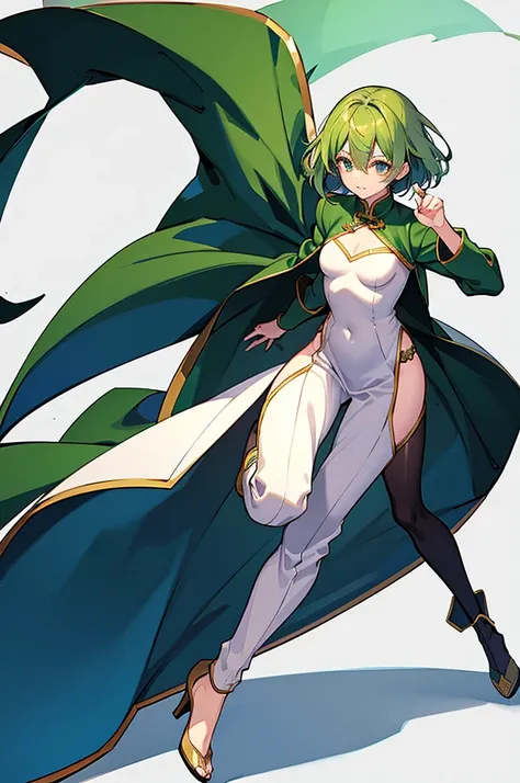 Green Hair、Shortcuts、Small breasts、standing、full body、Fighter、male、Uniform、Chinese Knight Costume、White background、pants、No exposure、China dress