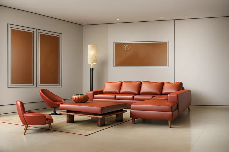 Living room design in Indochina style, daylight, ceramic tile floor, TƯỜNG TRẮNG, 1 CỬA SỔ KÍNH 1.5, 1 POSTER TREO TRÊN TƯỜNG, 1 sofa set, 1 table, 1 velvet carpet, white painted ceiling, 1 wall painting, 1 pillar lamp, 2 chairs menu, sharp images, realist...