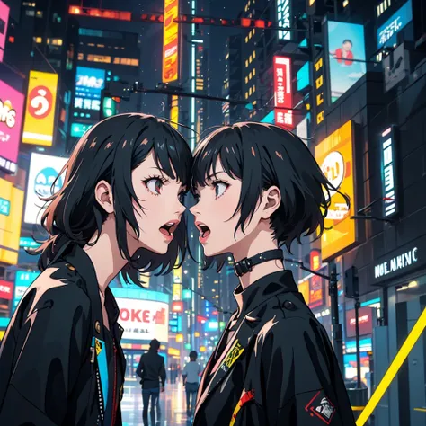 (Better Quality, masterpiece) | 遠くを睨むbeautiful目、woman、１people、Screaming、Bust-up angle、anger、Aggressive gaze、cyberpunk style clothing、Rock singer、Exciting、Darkness and fluorescent light lines、Shibuya in the near future、finely、masterpiece、Fine details、delica...