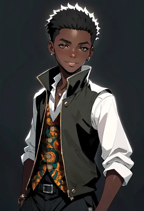 African boy full body in anime style:1.2, Shaped with strength and sharp nails, Wearing an African vest jacket and black pants, In a dark environment with high contrast. Soft face, There are multiple scars on both arms., There are no marks on the face, Smi...