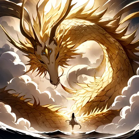 A logo、​masterpiece、(white backgrounid:1)、Golden Chinese dragon surrounded by white clouds、Deities々Halo、the wind、Deities、long wavy body、tusk、The upper part of the body、Fantasia、myth、hightquality、ighly detailed、​masterpiece、epic poem、Particle effect、Dynamic...