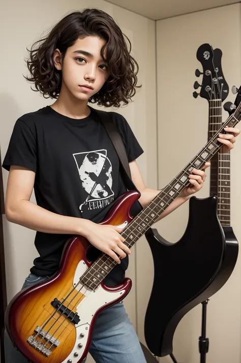 a teenage, bass guitar, homely, short curly brown hair, large nose, long face