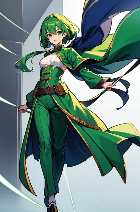 Green Hair、Shortcuts、Small breasts、standing、full body、Fighter、male、Uniform、Chinese Knight Costume、White background、No exposure、China dress、pants、band