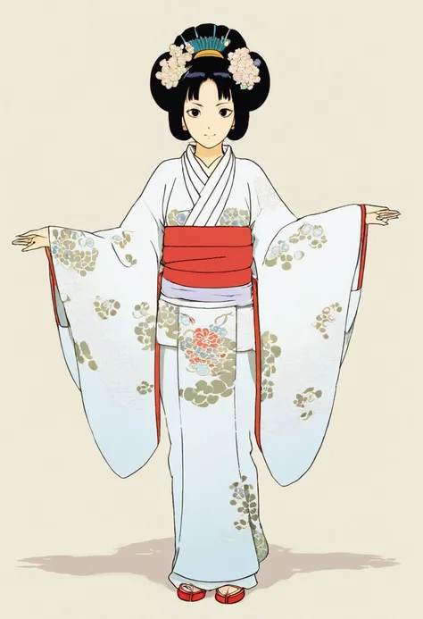 A Ghiblis studio character (2D). She have long black hair . She wears traditional oiran clothes dark. She seems cold and she have multiple arms