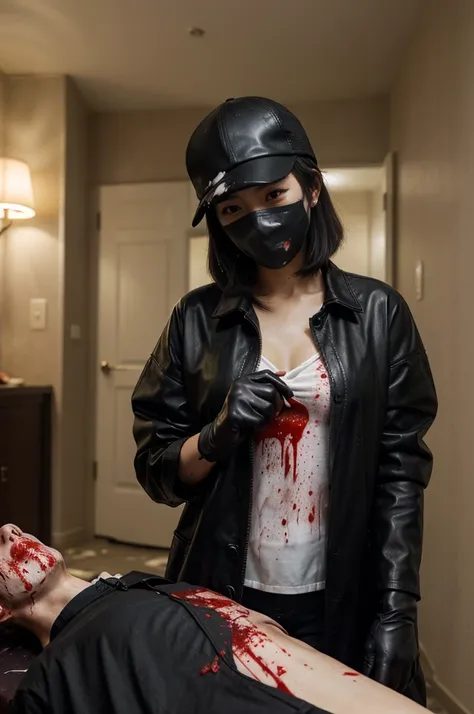 korean girl, (behind corpse, blood splatter), surgical mask, holding knife, stabbing, black raincoat, leather gloves, trucker hat, room full of blood, short hair, holding knife, leather gloves, behind corpse, night, mass murderer, robbery, in the hotel,
