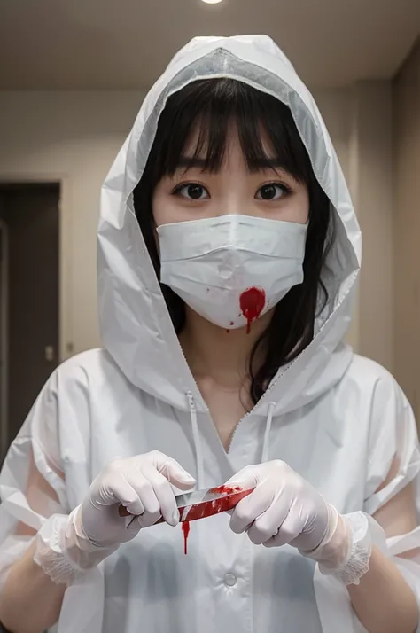 korean girl, (behind corpse, surgical mask), holding knife, stabbing, latex gloves, room full of blood, transparent raincoat, hood up, holding knife, white gloves, behind corpse, blood splatter, mass murderer, killer, long bangs, blood splatter, mass murde...