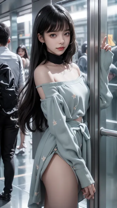 fluorescent color, 1 girl, look at side, beautiful face, Beautiful  eyes, (Off The Shoulder: 1.2), upperbody, shinny hair, shining skin, Reduction of glare emissions, The proportions of the fingers are coordinated, tenebrosa, ass pov, Dynamic angle, (((mas...