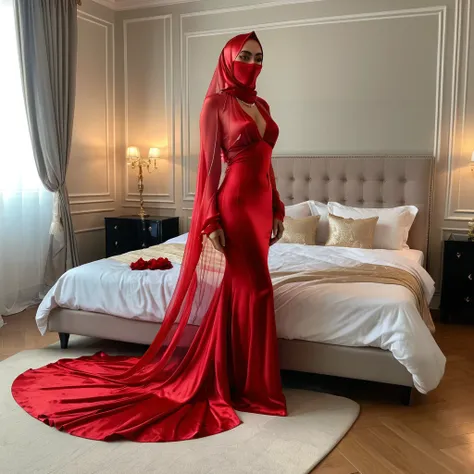 a woman in the translucent silk red gown, tight full body tied, satin sheet, nipple on with nipple piercing, wearing translucent...