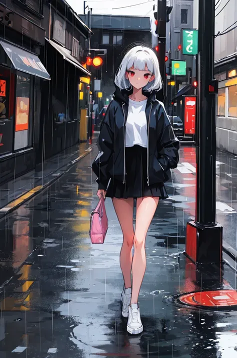 clear details,good quality,girl walking in the rain,wearing a sweatshirt and a skirt,a demon walks next to her 