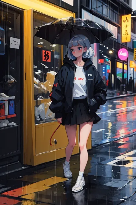 clear details,good quality,girl walking in the rain,wearing a sweatshirt and a skirt,a demon walks next to her 