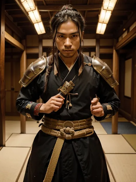 Samurai Suit: May include traditional Japanese armor (yoroi) made of metal, ties and fabrics, usually ornamented and adapted to reflect the culture and origin of the black samurai.canons: Can hold weapons like katana (japanese sword), Wakizashi (short swor...