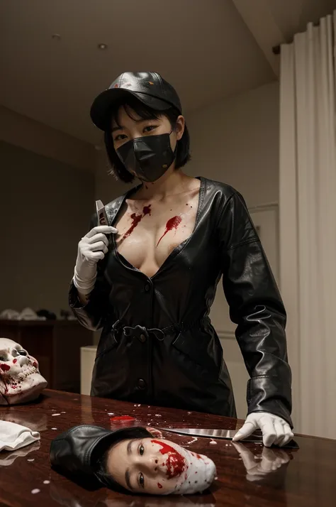 korean girl, (behind corpse, blood splatter), surgical mask, holding knife, stabbing, black raincoat, leather gloves, trucker hat, room full of blood, short hair, holding knife, leather gloves, behind corpse, night, mass murderer, robbery, in the hotel,
