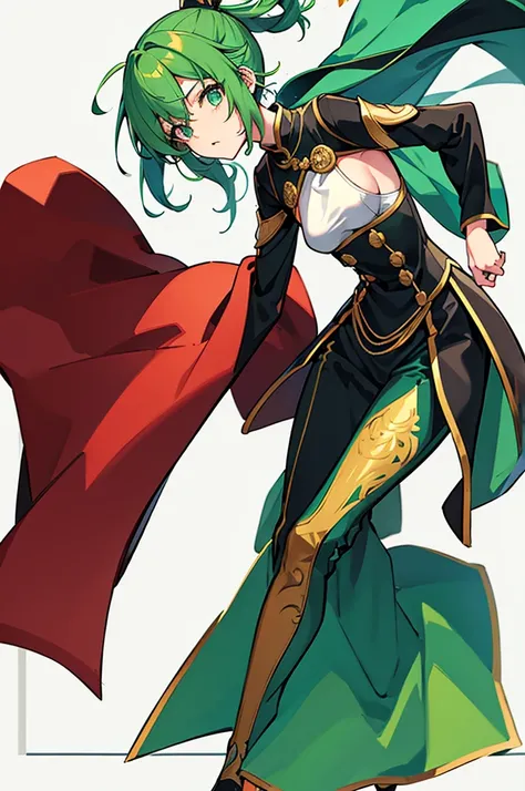 Green Hair、Shortcuts、Small breasts、standing、full body、Fighter、male、Uniform、Chinese Knight、Chinese style、White background、No exposure、China dress、pants、band