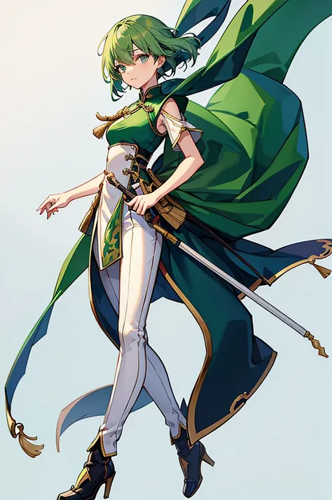 Green Hair、Shortcuts、Small breasts、standing、full body、Fighter、male、Uniform、Chinese Knight、Chinese style、White background、No exposure、China dress、pants、band