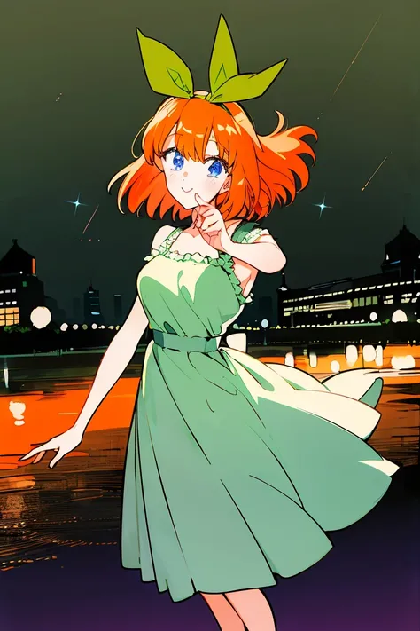 Yotsuba nakano, dancing in the moonlight, dynamic pose, moonlight background, full body, dancing girl, pretty flowing dress, wind, sweet dreamy face, (Old anime, vintage anime, 90s anime style, naoko takeuchi style, masterpiece、top-quality, Official art、Be...