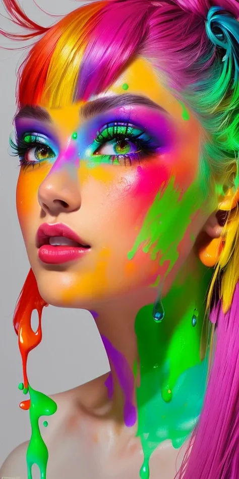 Girl 18 years old with bright makeup and bright hair, digital art inspired by Russell Dongjun Lu, trends on CGSociety, digital art, flowing with color, bright colors, hyperrealism, vibrant realistic colors, dripping with neon paint, Beautiful and colorful,...