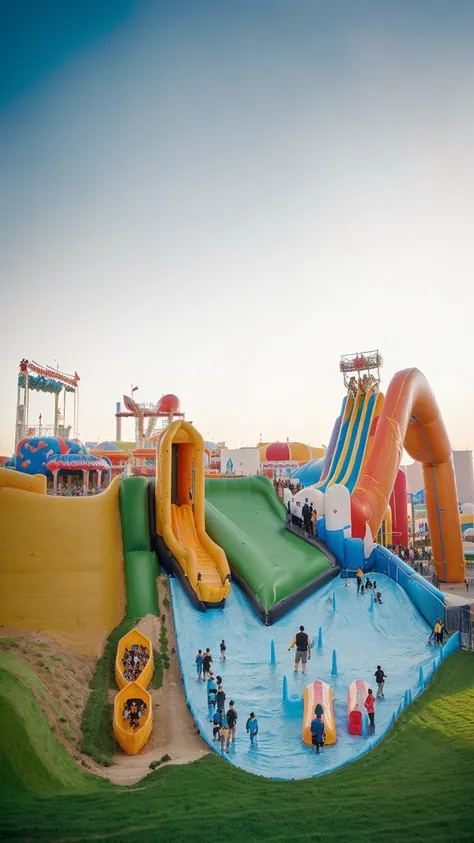 there are many people walking around a large inflatable slide, digger land amusement park, inflatable, fantasy land, amusement park attractions, softair center landscape, softair arena landscape, recreation, theme park, amusement park, warm and joyful atmo...